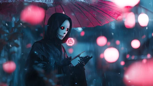 Neon rain reaper with mask under crimson umbrella at night.