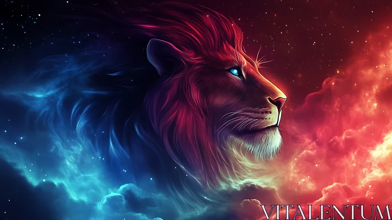 Celestial lion profile in neon bicolor cosmic nebula.