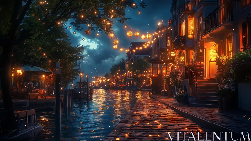 Canal street at night with warm lantern lights and reflections.