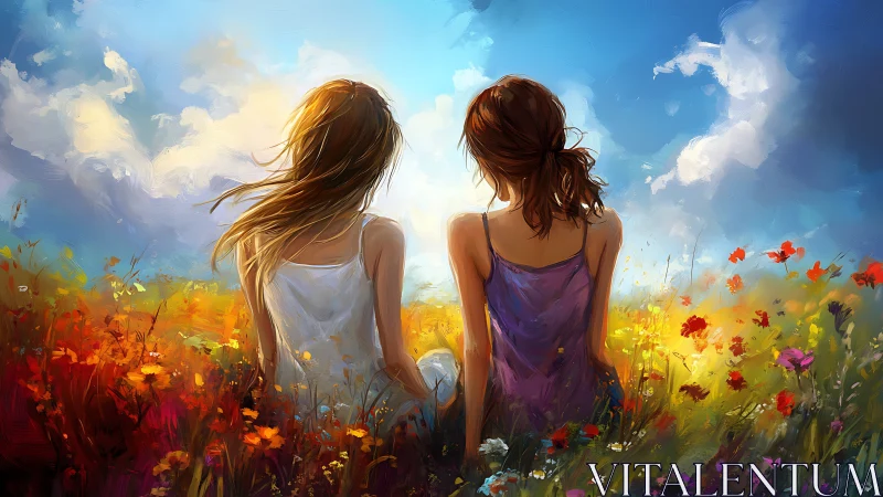 Two sunlit friends stitch secrets into a wildflower horizon