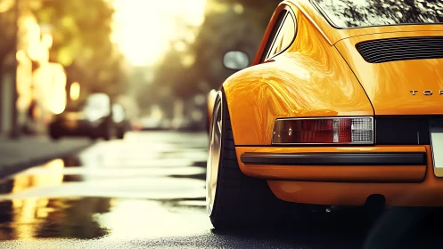 Yellow classic sports car parked on wet city street.