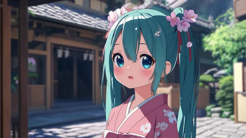 Kimono-clad anime girl under spring street daylight.