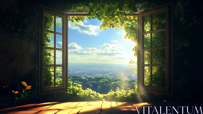 Sunlit open window frames a lush cityscape horizon view.