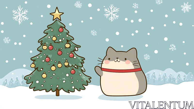 Cute cat waves beside a festive Christmas tree in snow