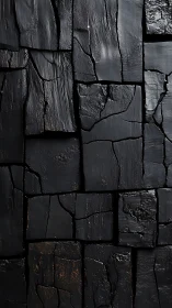 Charred wood mosaic invites quiet reflection in deep blacks.