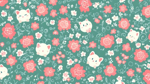 Whimsical Garden Pattern: Cute Cats and Coral Florals.