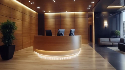 Modern wood reception lobby with curved illuminated desk.