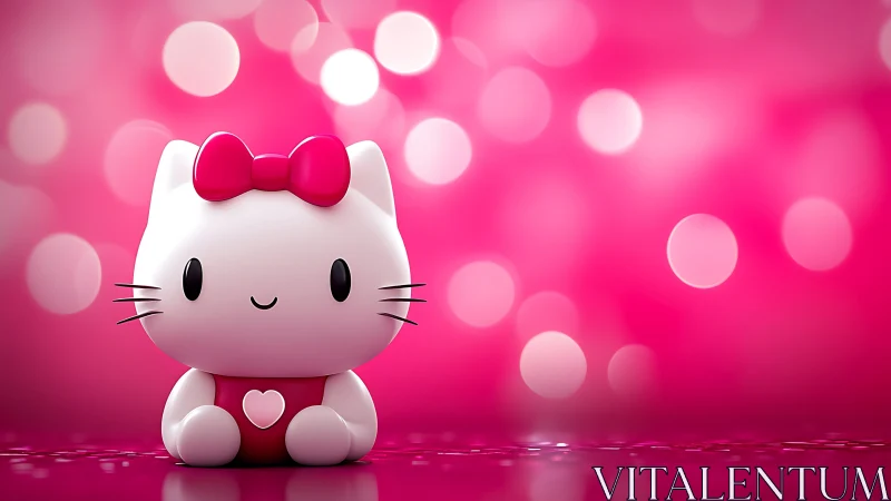 Glossy stylized cat figurine on reflective pink bokeh ground