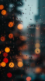 Soft city lights glow gently behind a rain kissed window