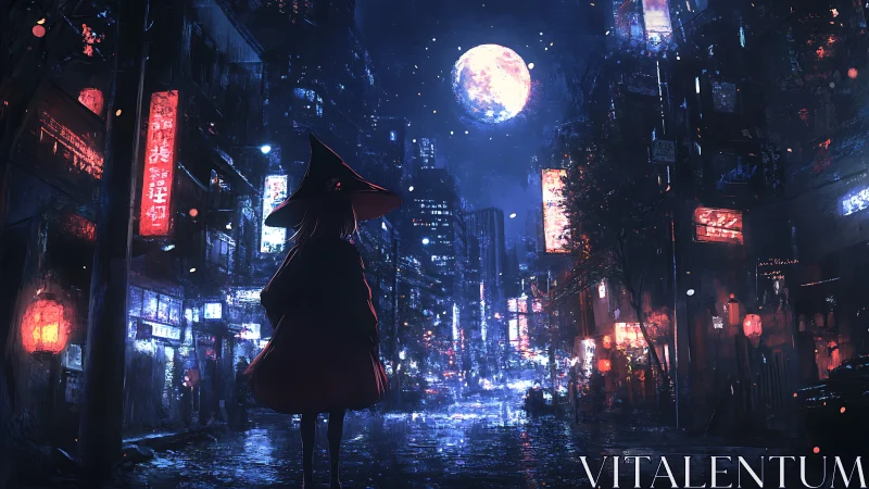 Solitary witch silhouette in neon soaked nocturnal city street