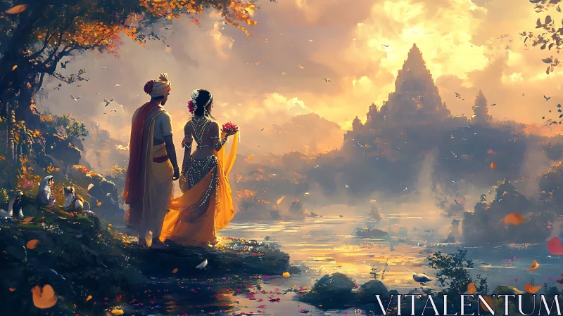 Mythic lovers overlook sunlit temple across radiant river.