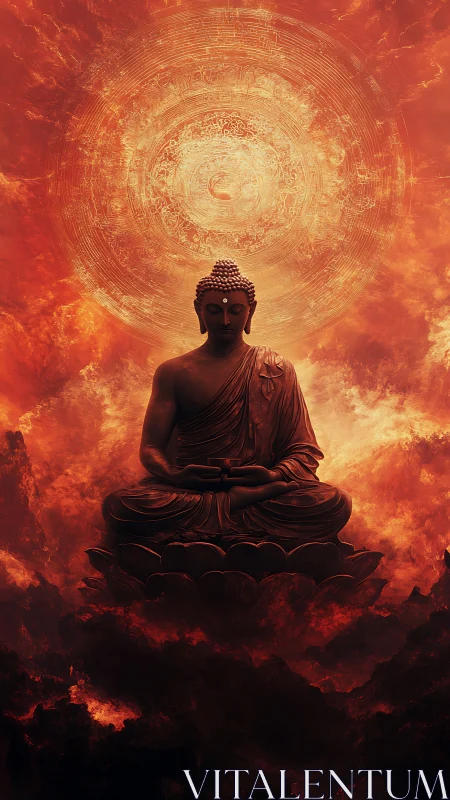 Buddha sculpture glows within fiery mandala halo sky.