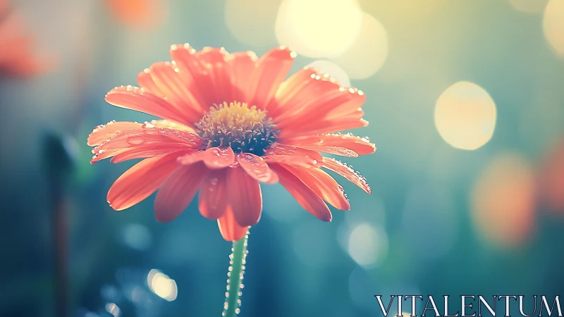 Coral Gerbera Daisy with Dew Drops and Soft Bokeh.