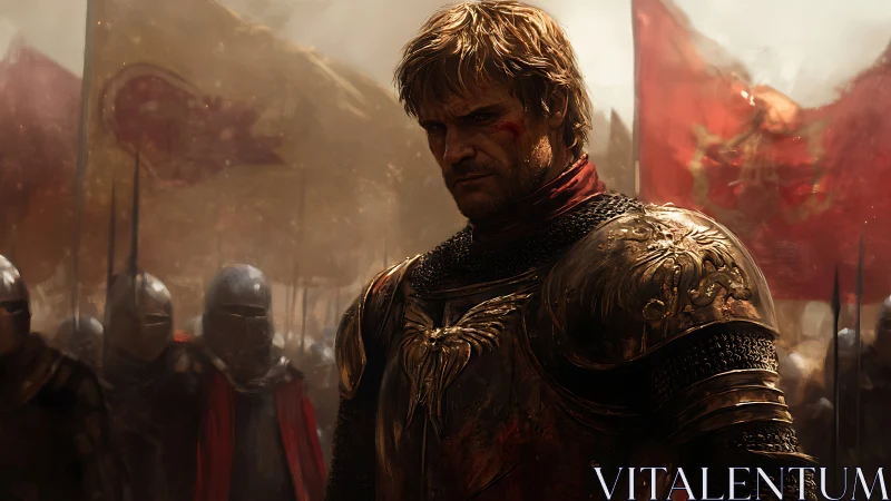 Battle worn knight in ornate armor before red war banners.