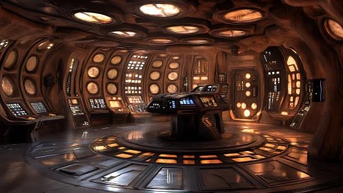 Futuristic starship control room with central command console.