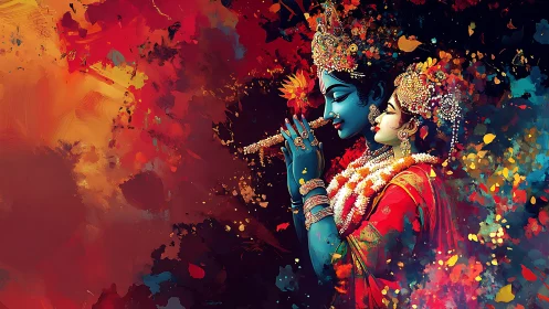 Tender divine couple surrounded by swirling festival color.