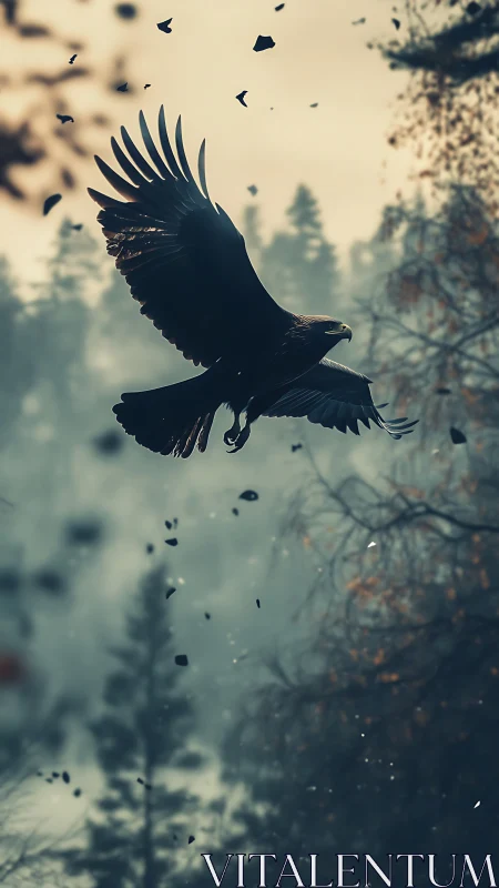 Majestic eagle soars through misty forest twilight sky