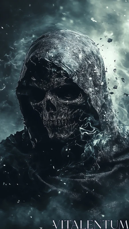 Eroding hooded skull entity in turbulent particulate storm.