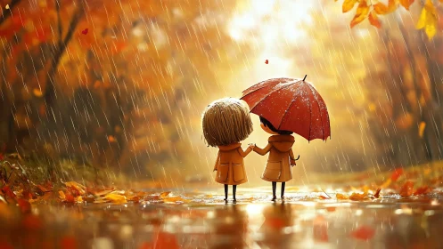 Autumn rainfall corridor with stylized children under umbrella.