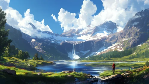 Morning wanderer greets bright mountains and waterfall lake