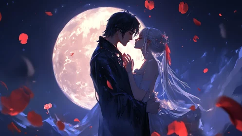 Lunar backlit anime couple in kiss pose with falling petals