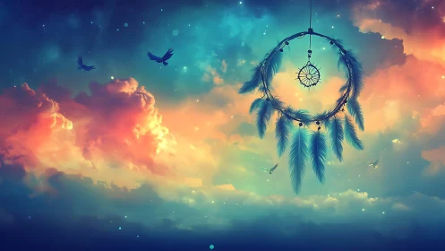 Dreamcatcher drifts through nebula clouds and starlit sky.