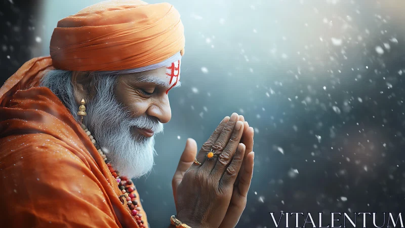 Side-lit elder in orange robes praying amid shallow-depth snowfall