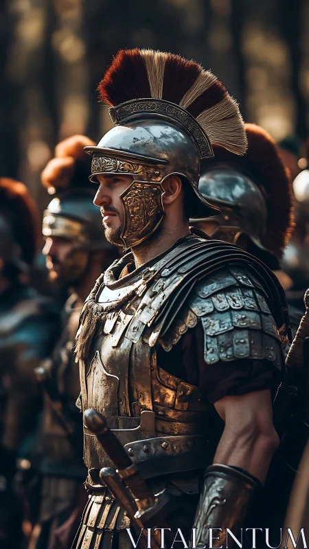 Sunlit legionary stands gleaming, carved from bronze resolve