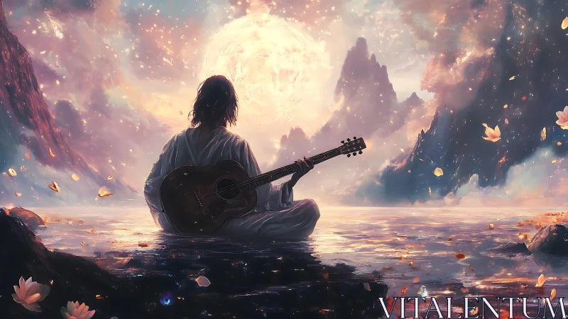 Moonlit musician rests by glowing water in gentle wonder