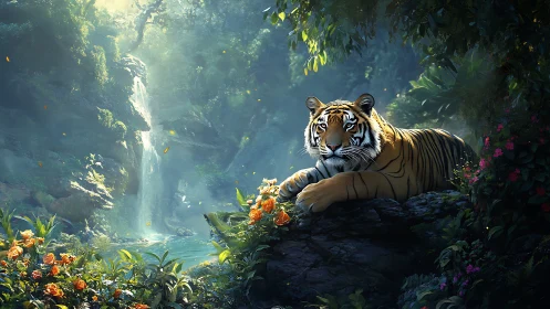 Resting tiger dominates luminous jungle waterfall vista calmly