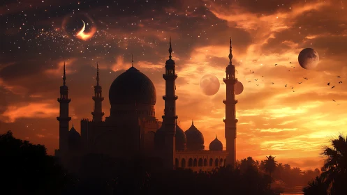 Celestial minarets beneath swirling moons and ember dusk.