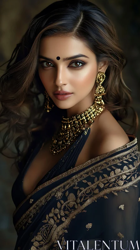 Midnight gaze wrapped in navy silk and molten gold grace.