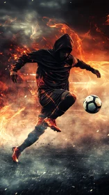 Digital painting of flaming street footballer in dynamic motion.