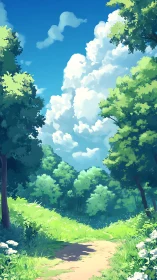 Forest Path with Ascending Cumulus Cloud Formation and Deciduous Canopy.
