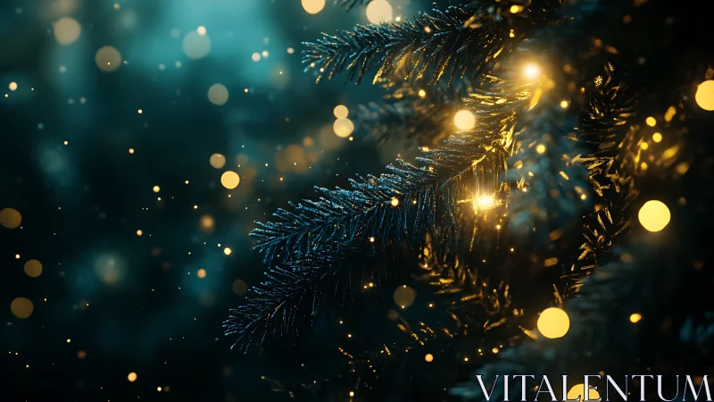 Evergreen branches glow under warm golden holiday lights.