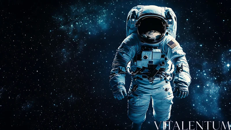 Friendly astronaut floating gently through starry space.