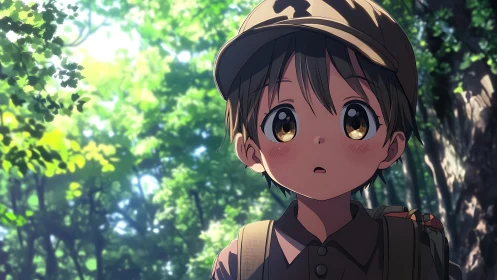 Curious child explorer gazes upward through sunlit forest canopy