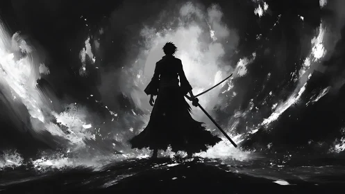 Shadowblade warrior strides through a storm of ink and light.