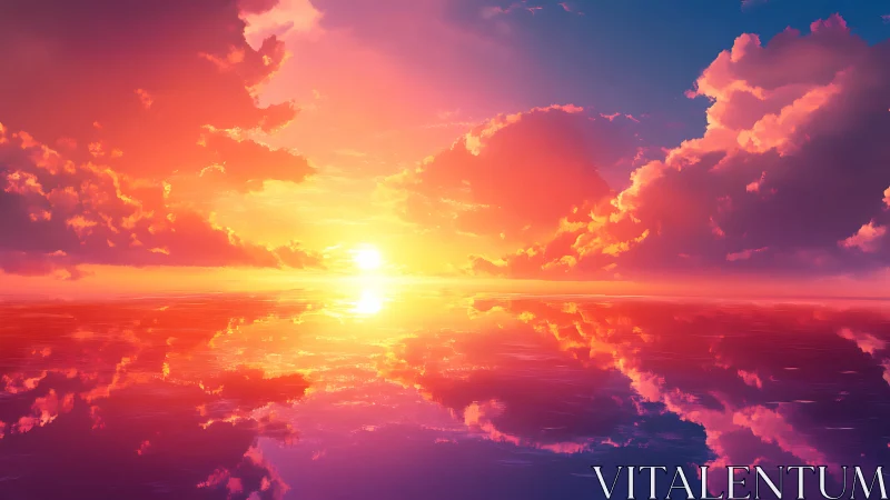 Spectral-gradient seascape sunset with mirrored volumetric clouds