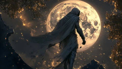 Luminous lunar backlight framing cloaked spectral sentinel.
