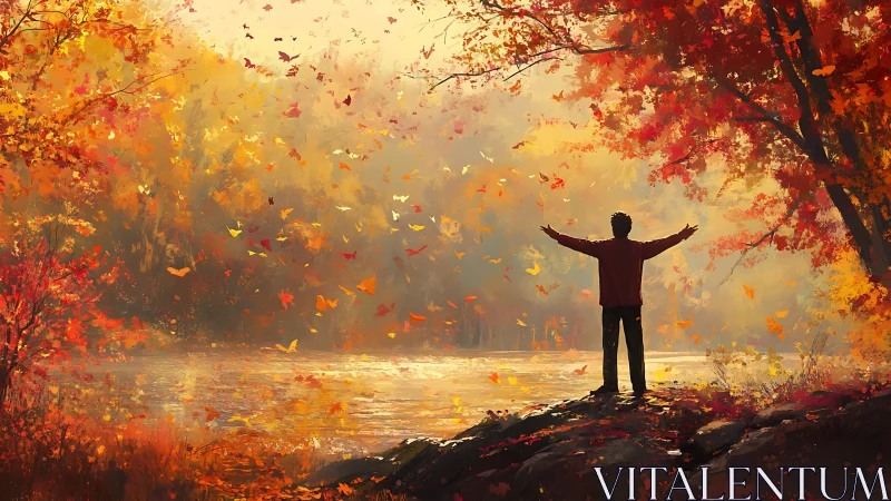 Man stands by autumn river under swirling golden leaves.