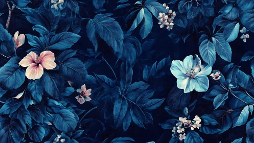Nocturnal Botanical Study with Blush and Cyan Florals