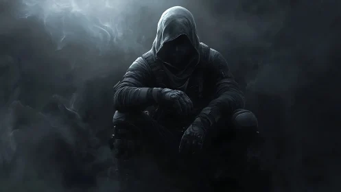Hooded stealth operative in cinematic low‑key digital painting.