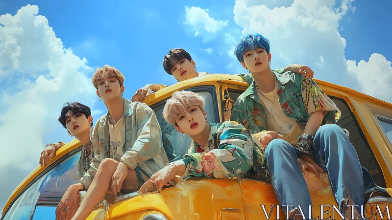 Sunlit road trip friends relaxing on a bright yellow van.