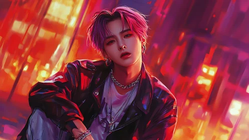 Neon rebel in lacquered leather under electric sundown.