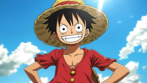 Sunny straw hat hero smiles boldly under a bright sky