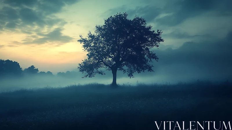 Solitary dawnlit tree wrapped in blue morning mist hush.