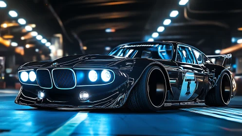 Retro-styled black race car under tunnel lights at night.