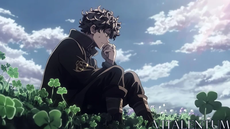 Pensive boy sits in clover field under bright spring sky.