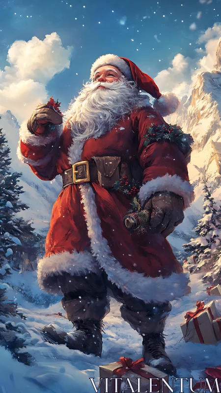 Santa in snowy alpine landscape with dynamic atmospheric lighting